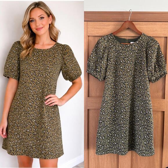 THML Dresses & Skirts - THML Olive Leopard Print Puff Sleeve Knit Mini Dress Women’s size Medium